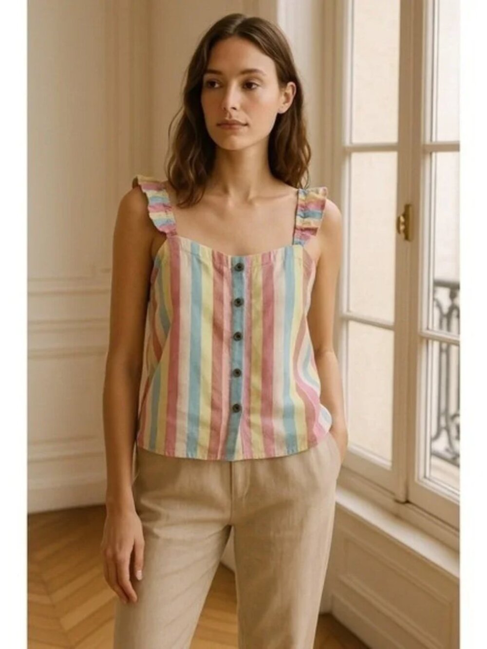 NWT J. Crew Multicolor Striped Ruffle Strap Linen Blend Tank Top Women Large